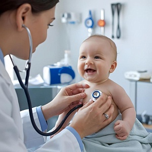 Детская кардиология - 576 ч. Врач со стетоскопом обследует ребенка